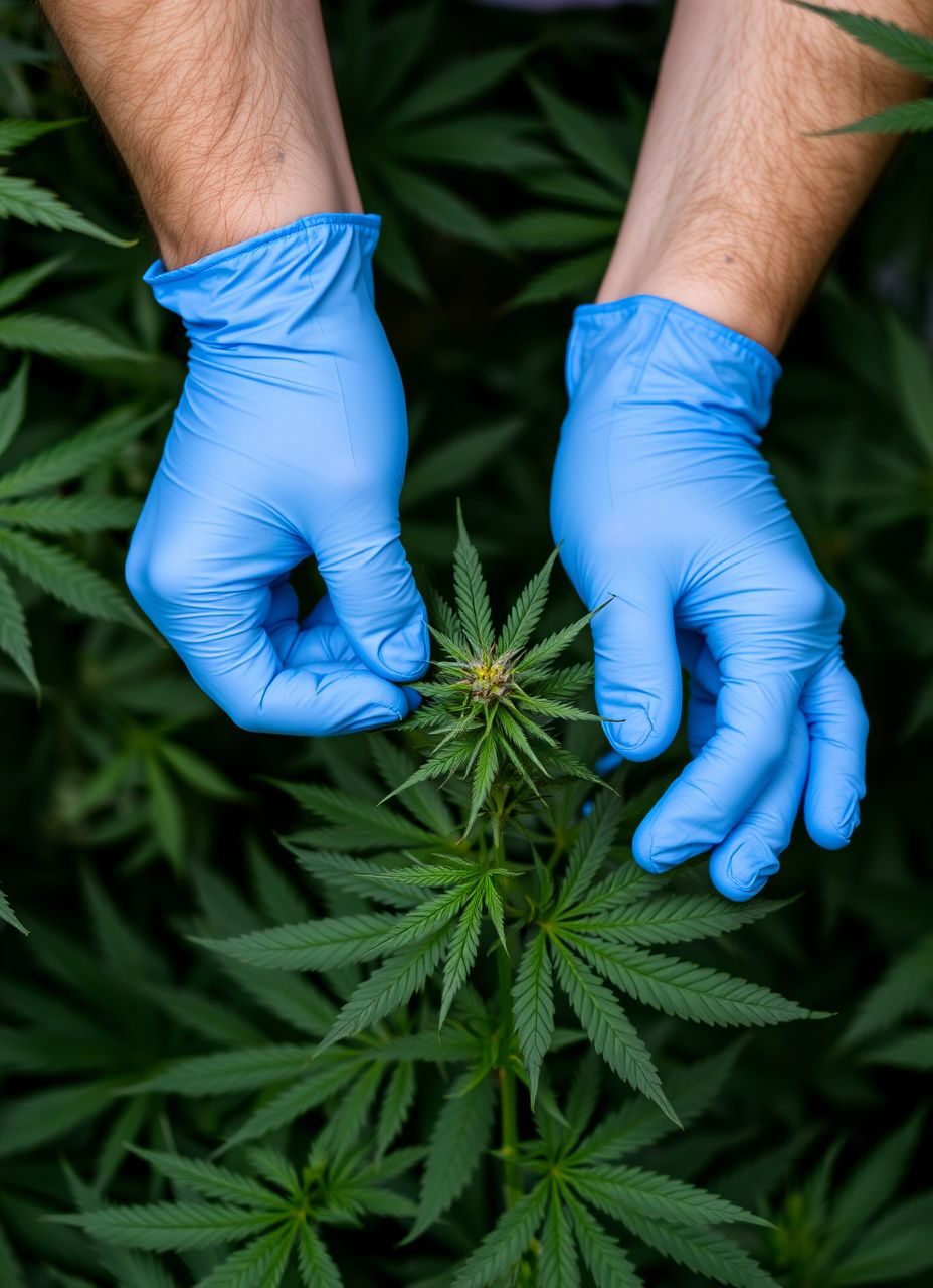 hands in blue medical gloves touching a cannabis plant