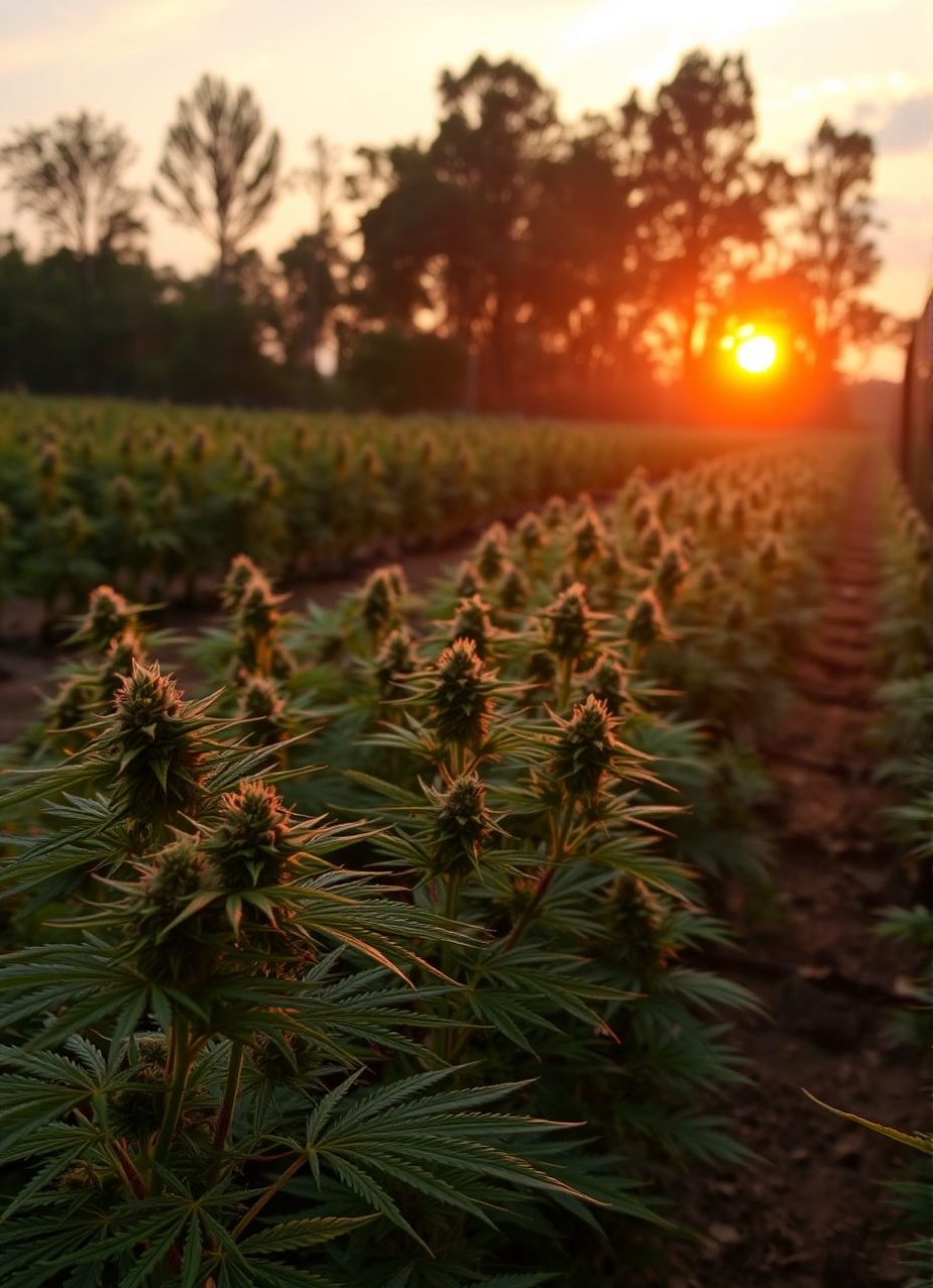 lot's of cannabis plants on a plantation during sunset