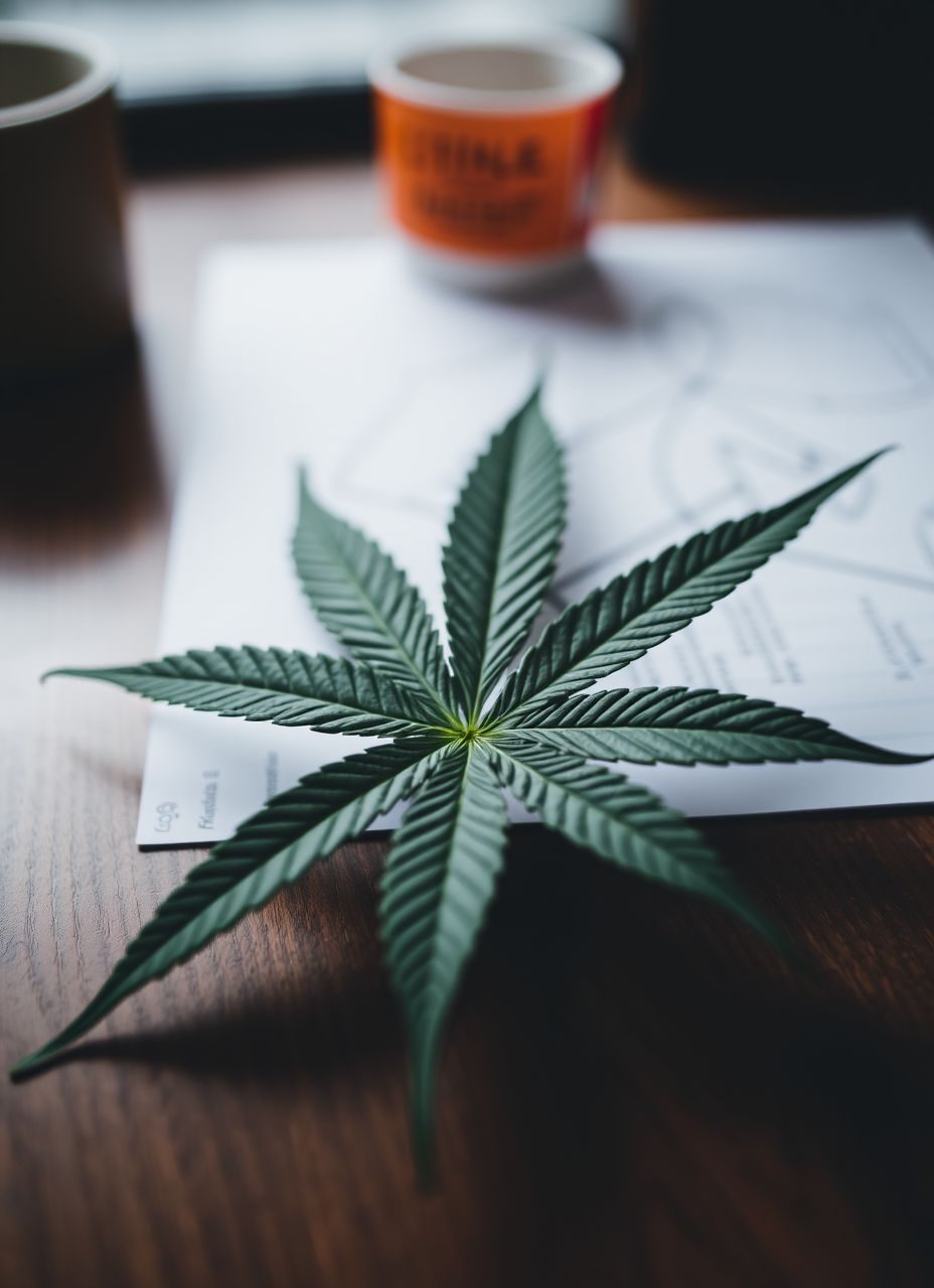 a green cannabis leaf on the table